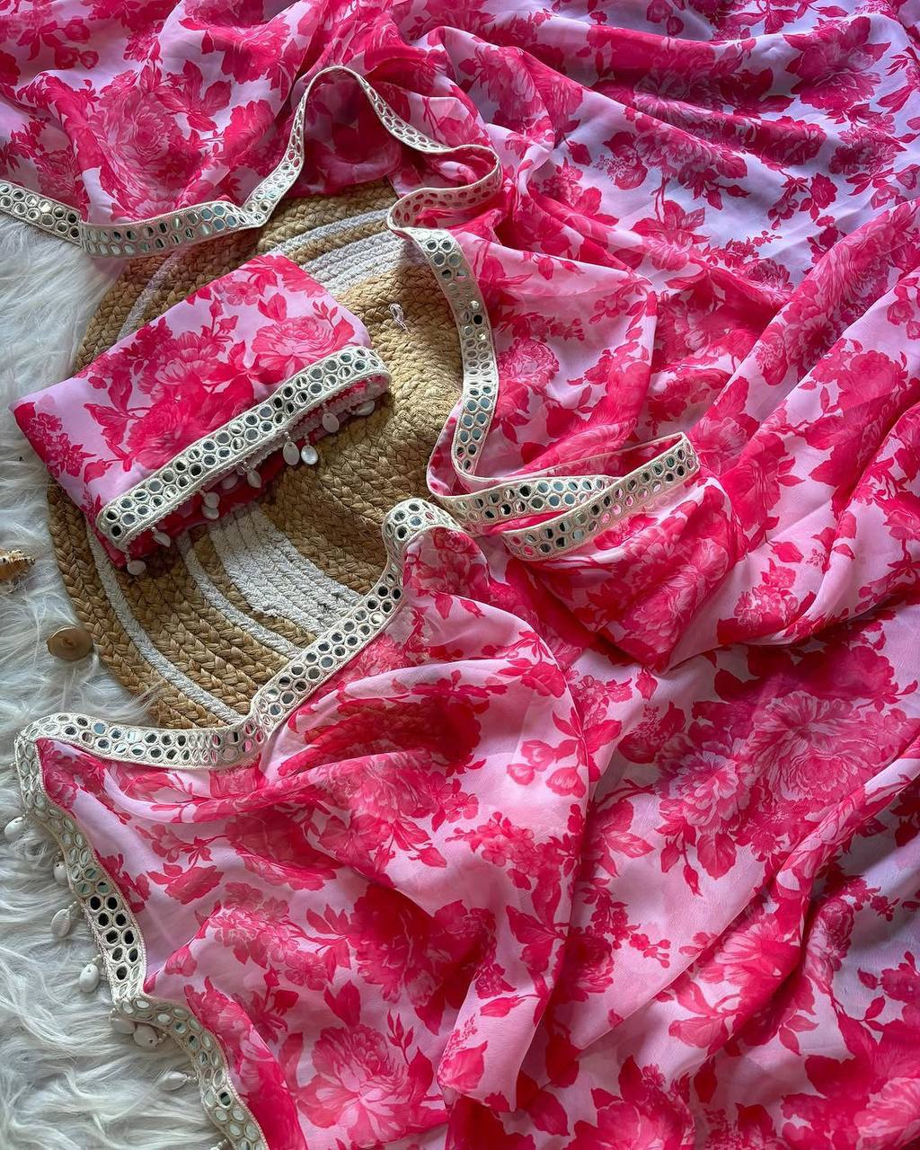 White and Pink Print Georgette Saree with Mirror Lace Real Kodi Border