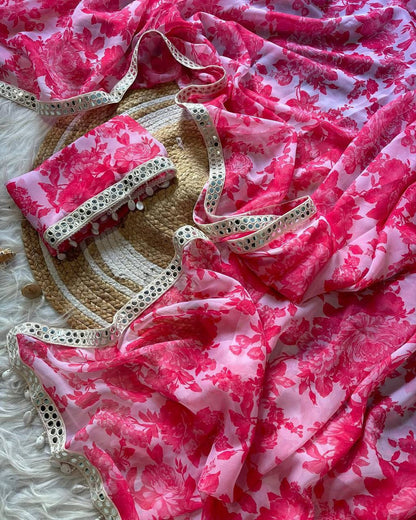 White and Pink Print Georgette Saree with Mirror Lace Real Kodi Border