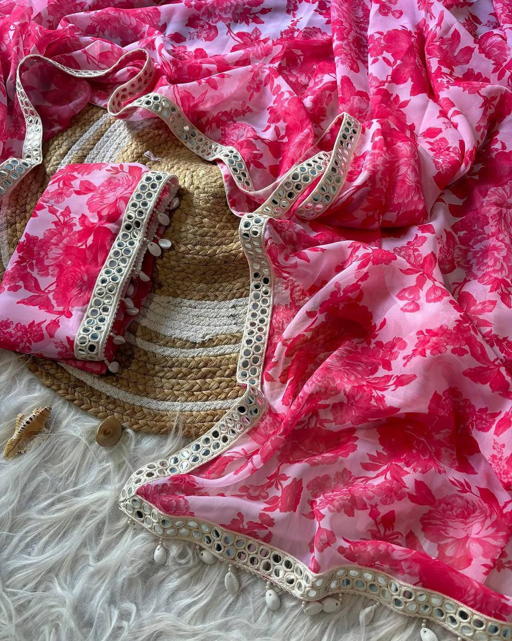 White and Pink Print Georgette Saree with Mirror Lace Real Kodi Border