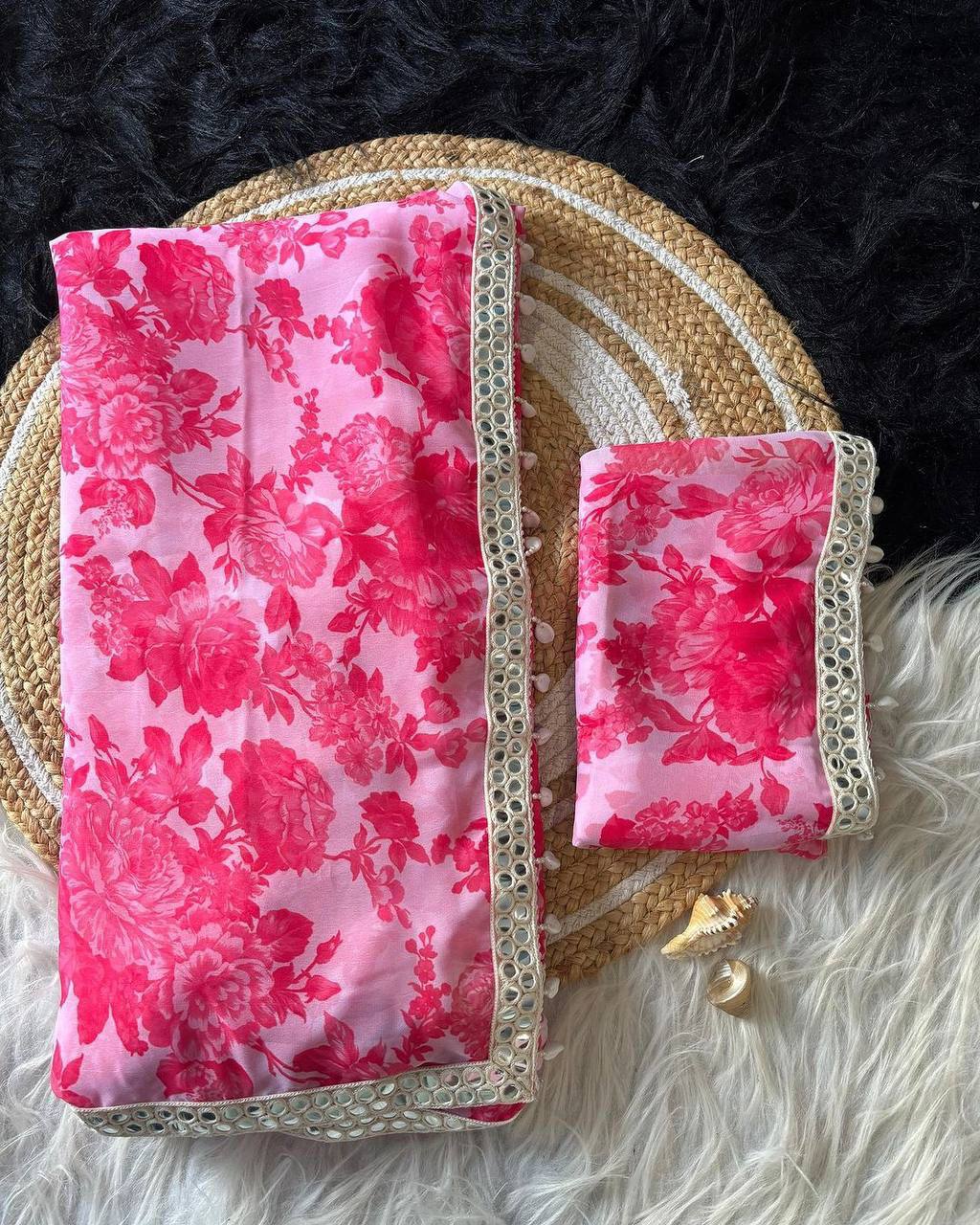 White and Pink Print Georgette Saree with Mirror Lace Real Kodi Border