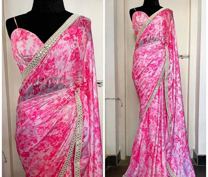 White and Pink Print Georgette Saree with Mirror Lace Real Kodi Border