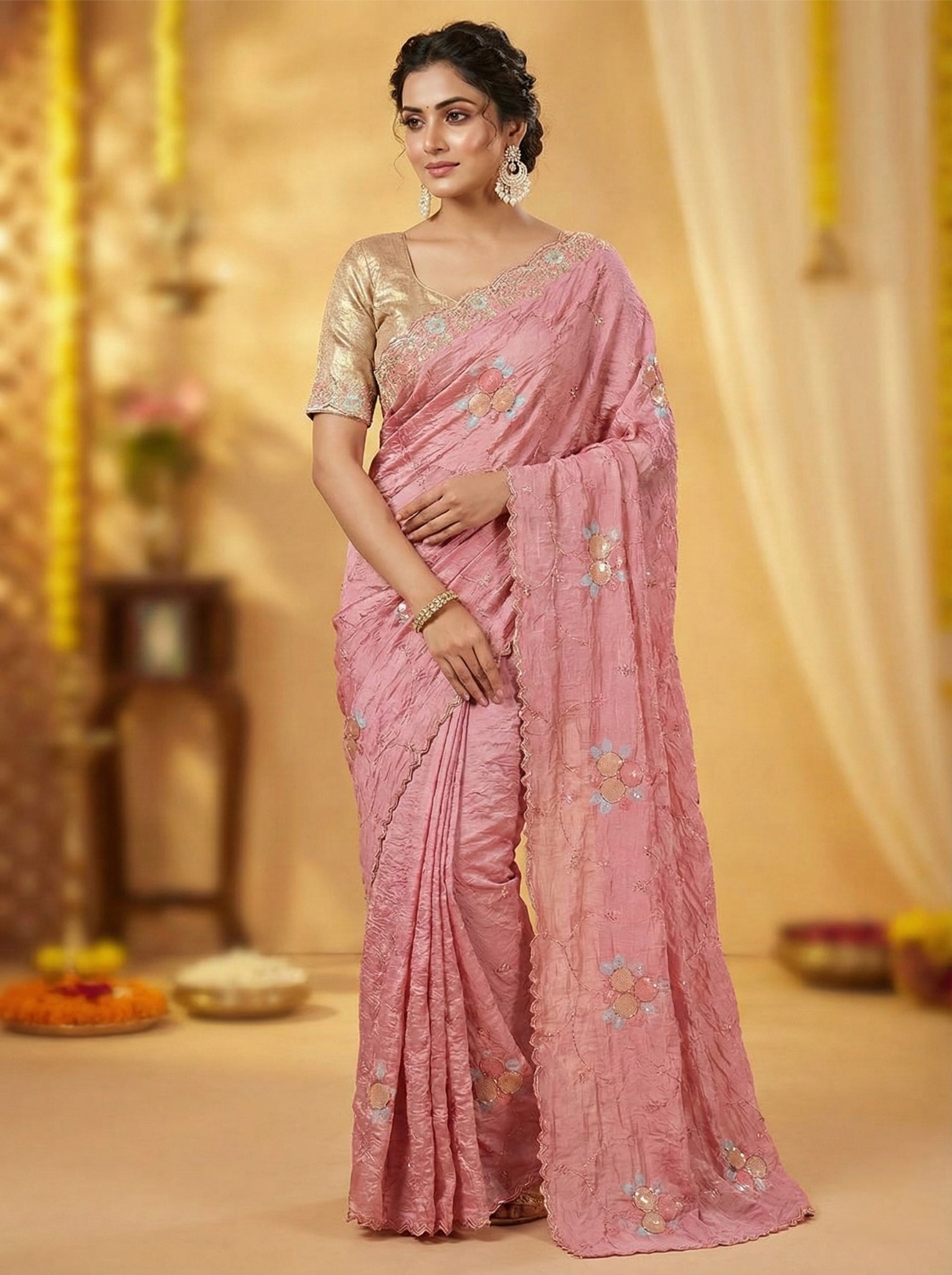 Pink Crush Saree with Round Sequin Embroidery and Zari Brocade Blouse