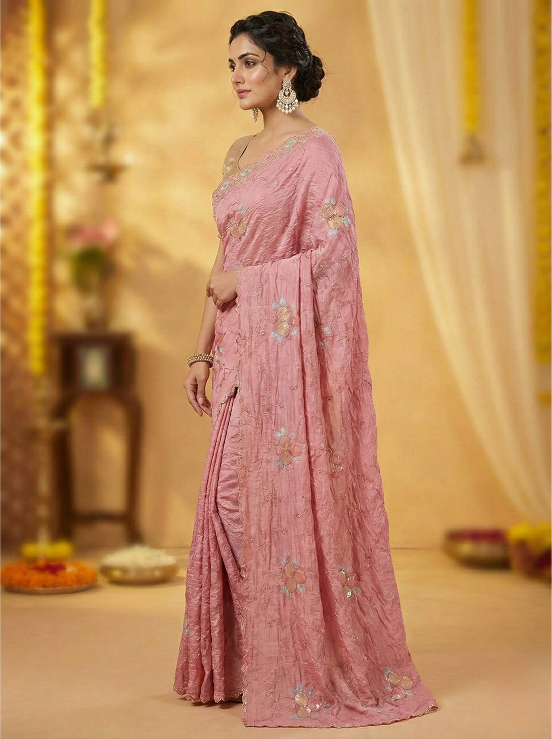 Pink Crush Saree with Round Sequin Embroidery and Zari Brocade Blouse