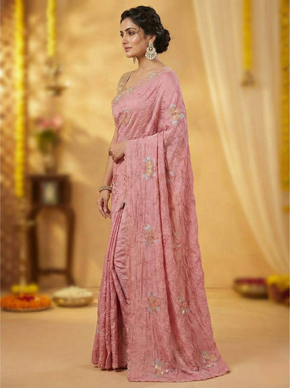 Pink Crush Saree with Round Sequin Embroidery and Zari Brocade Blouse