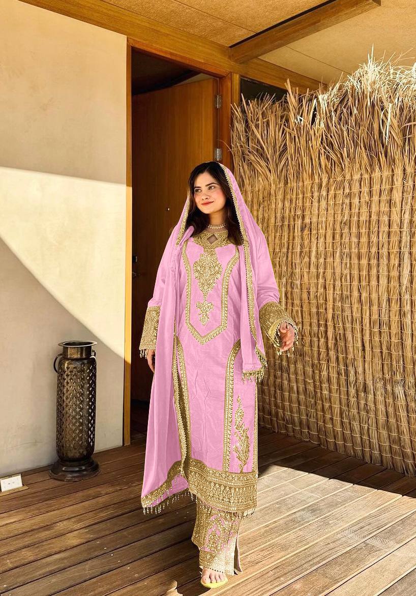 Pink Designer Chinon Silk Plazzo Top and Dupatta For Party Wear