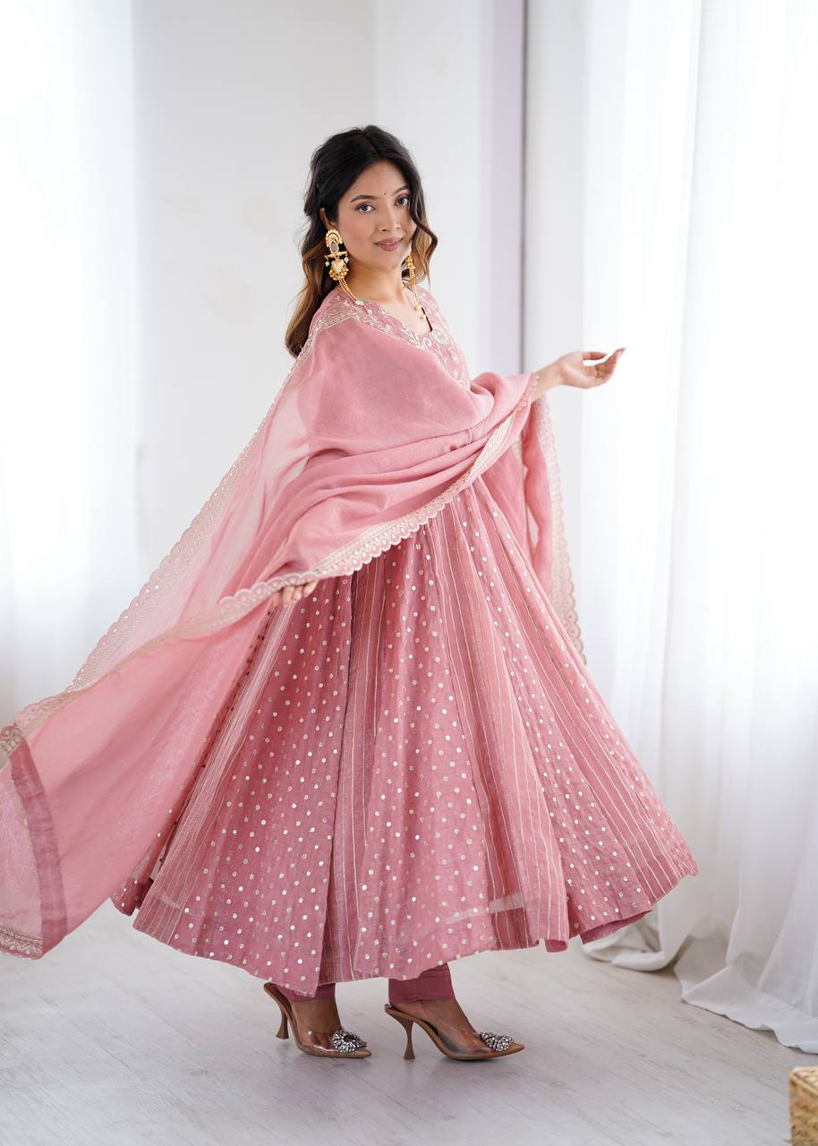 Pink Designer Crunchy Silk Anarkali Gown and Dupatta For Party Wear