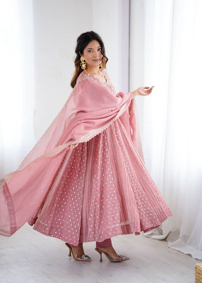 Pink Designer Crunchy Silk Anarkali Gown and Dupatta For Party Wear