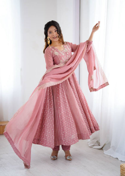 Pink Designer Crunchy Silk Anarkali Gown and Dupatta For Party Wear
