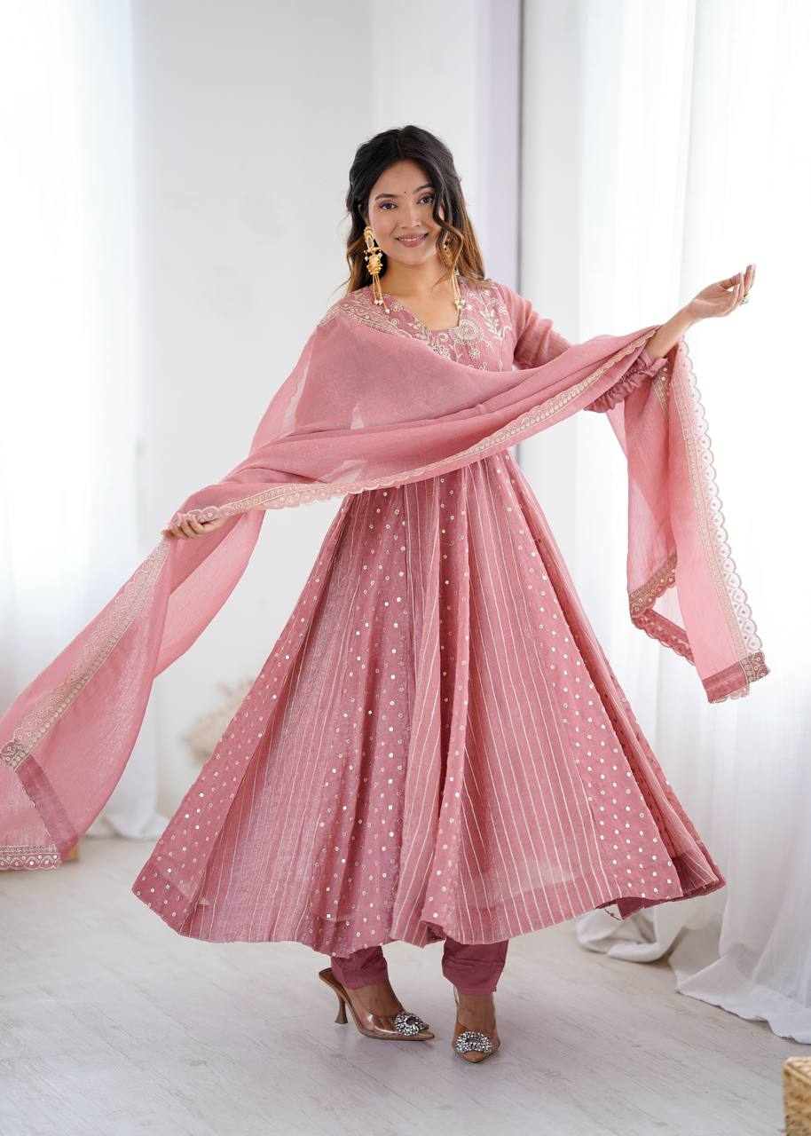 Pink Designer Crunchy Silk Anarkali Gown and Dupatta For Party Wear