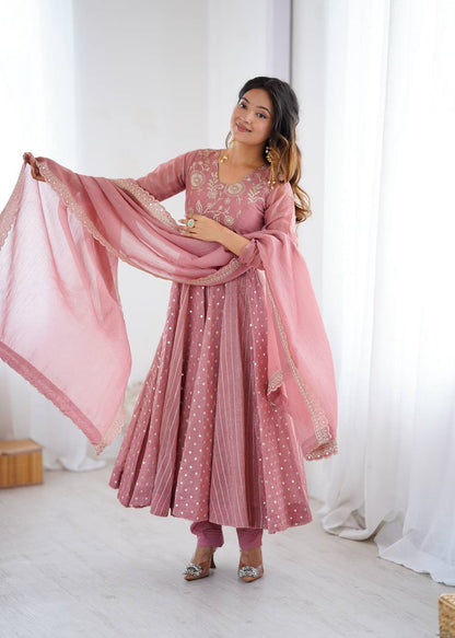 Pink Designer Crunchy Silk Anarkali Gown and Dupatta For Party Wear