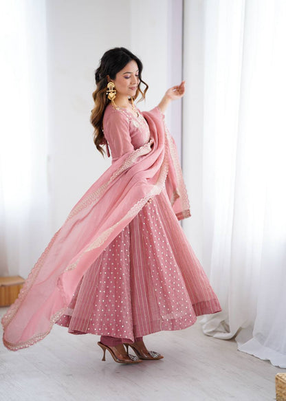 Pink Designer Crunchy Silk Anarkali Gown and Dupatta For Party Wear