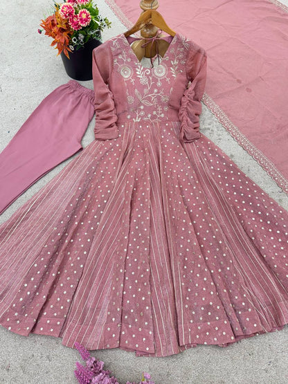 Pink Designer Crunchy Silk Anarkali Gown and Dupatta For Party Wear