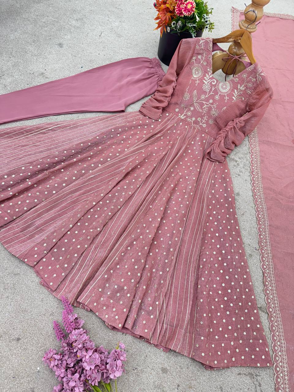 Pink Designer Crunchy Silk Anarkali Gown and Dupatta For Party Wear
