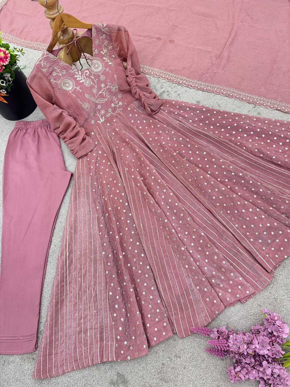 Pink Designer Crunchy Silk Anarkali Gown and Dupatta For Party Wear