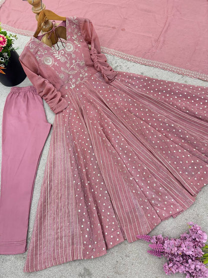 Pink Designer Crunchy Silk Anarkali Gown and Dupatta For Party Wear