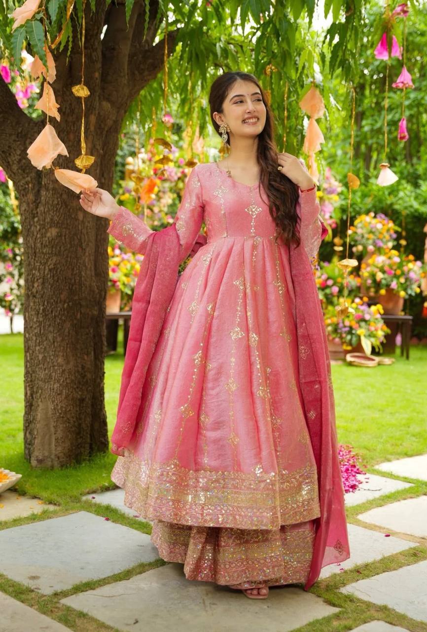 Pink Designer Crunchy Silk Top Bottom and Dupatta For Party Wear 