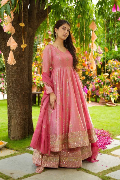Pink Designer Crunchy Silk Top Bottom and Dupatta For Party Wear 