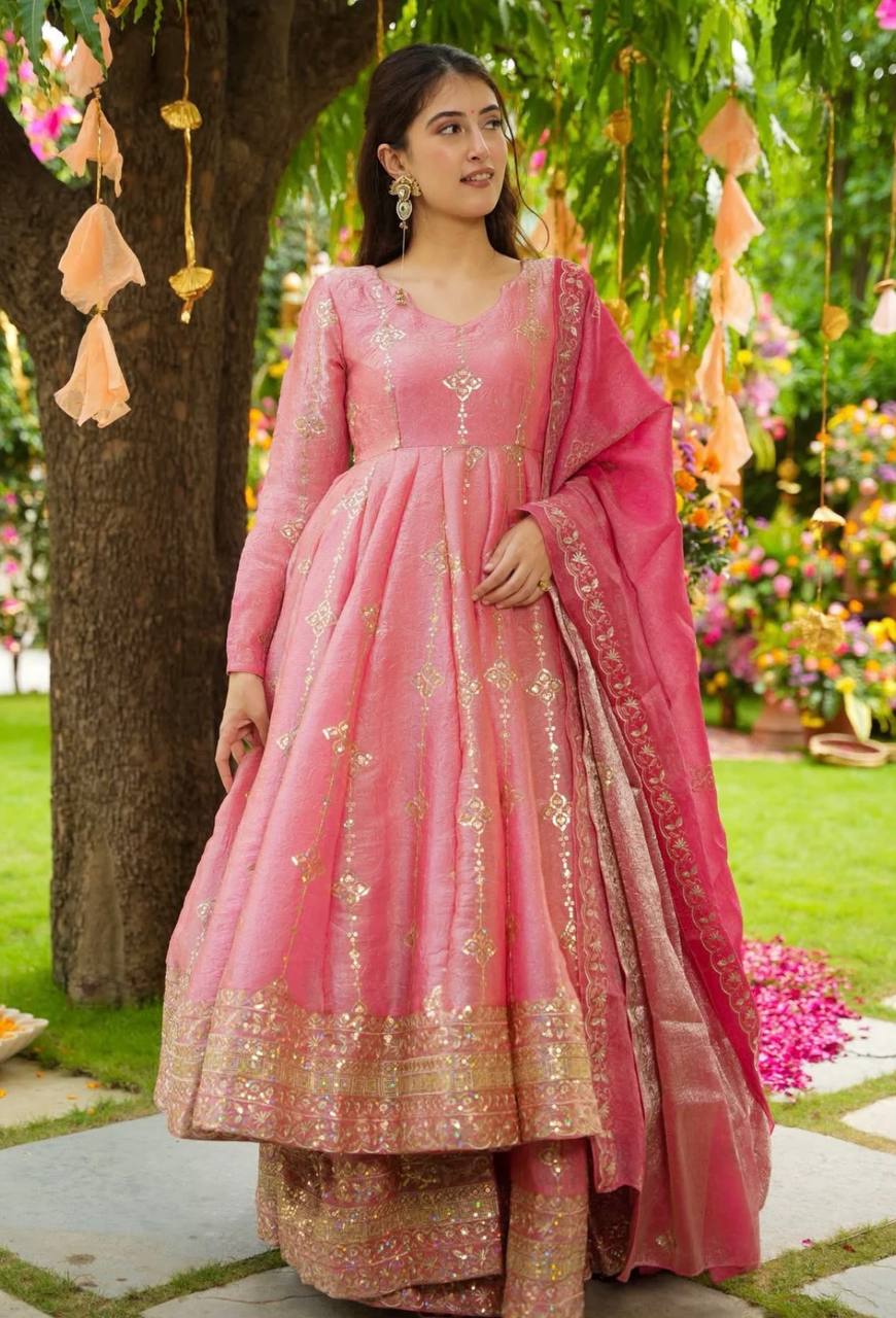 Pink Designer Crunchy Silk Top Bottom and Dupatta For Party Wear 