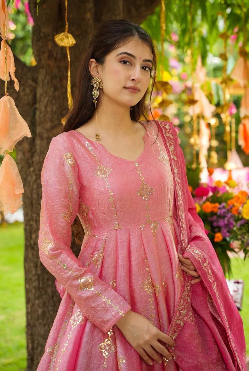 Pink Designer Crunchy Silk Top Bottom and Dupatta For Party Wear 