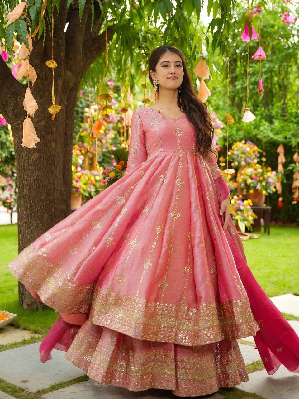 Pink Designer Crunchy Silk Top Bottom and Dupatta For Party Wear