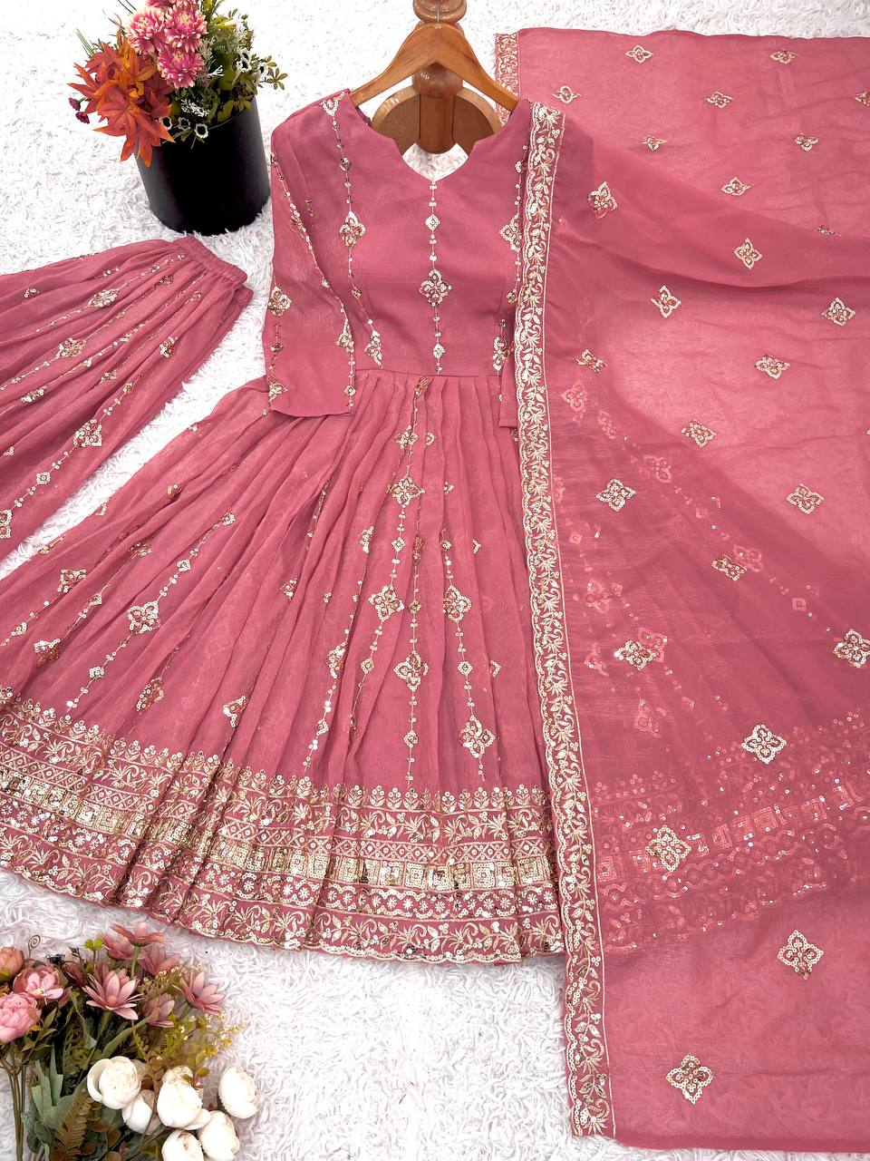 Pink Designer Crunchy Silk Top Bottom and Dupatta For Party Wear