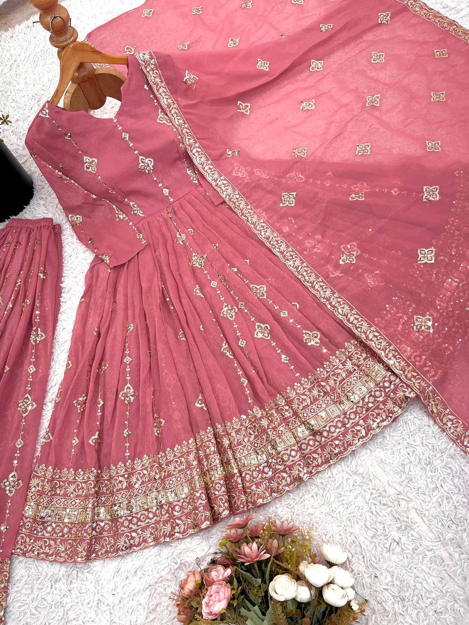 Pink Designer Crunchy Silk Top Bottom and Dupatta For Party Wear