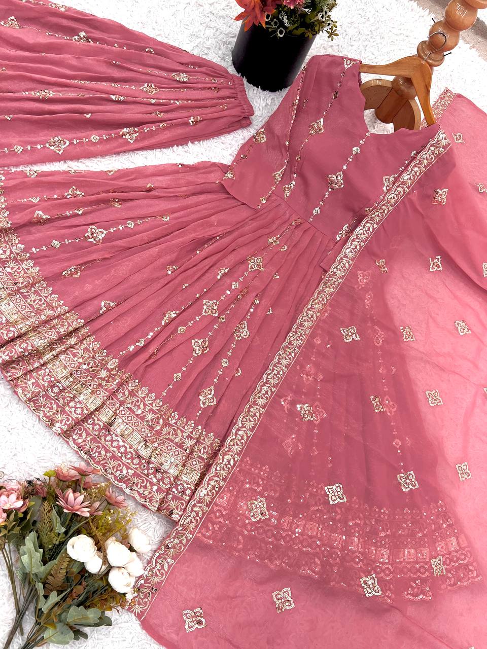 Pink Designer Crunchy Silk Top Bottom and Dupatta For Party Wear