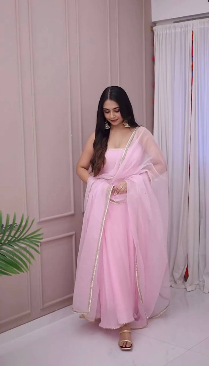 Pink Designer Faux Georgette Embroidery Gown Palazzo and Dupatta