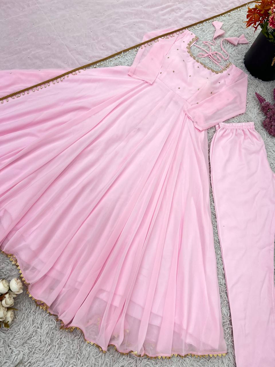 Pink Designer Faux Georgette Embroidery Gown Palazzo and Dupatta