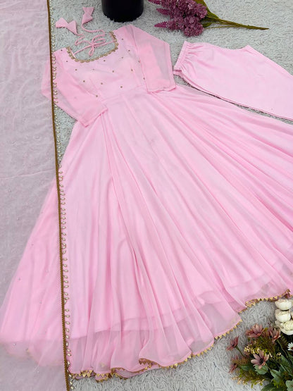 Pink Designer Faux Georgette Embroidery Gown Palazzo and Dupatta