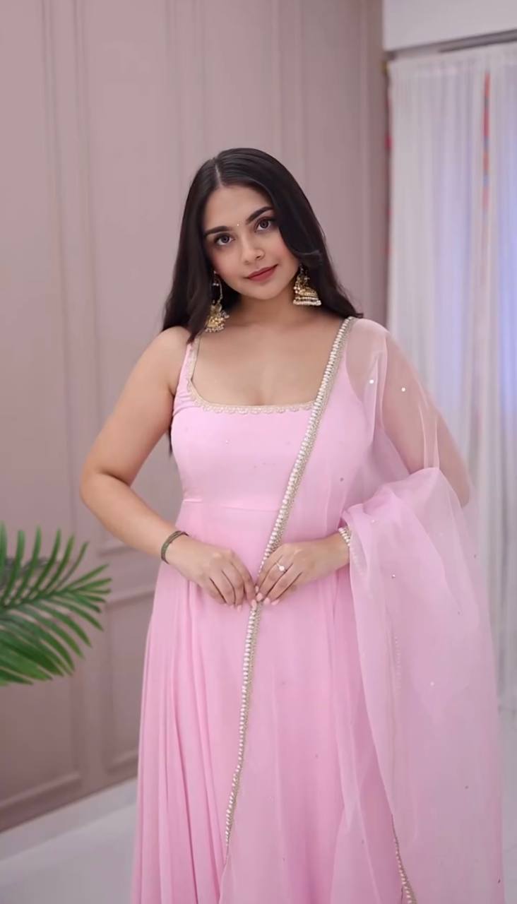 Pink Designer Faux Georgette Embroidery Gown Palazzo and Dupatta