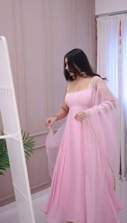 Pink Designer Faux Georgette Embroidery Gown Palazzo and Dupatta