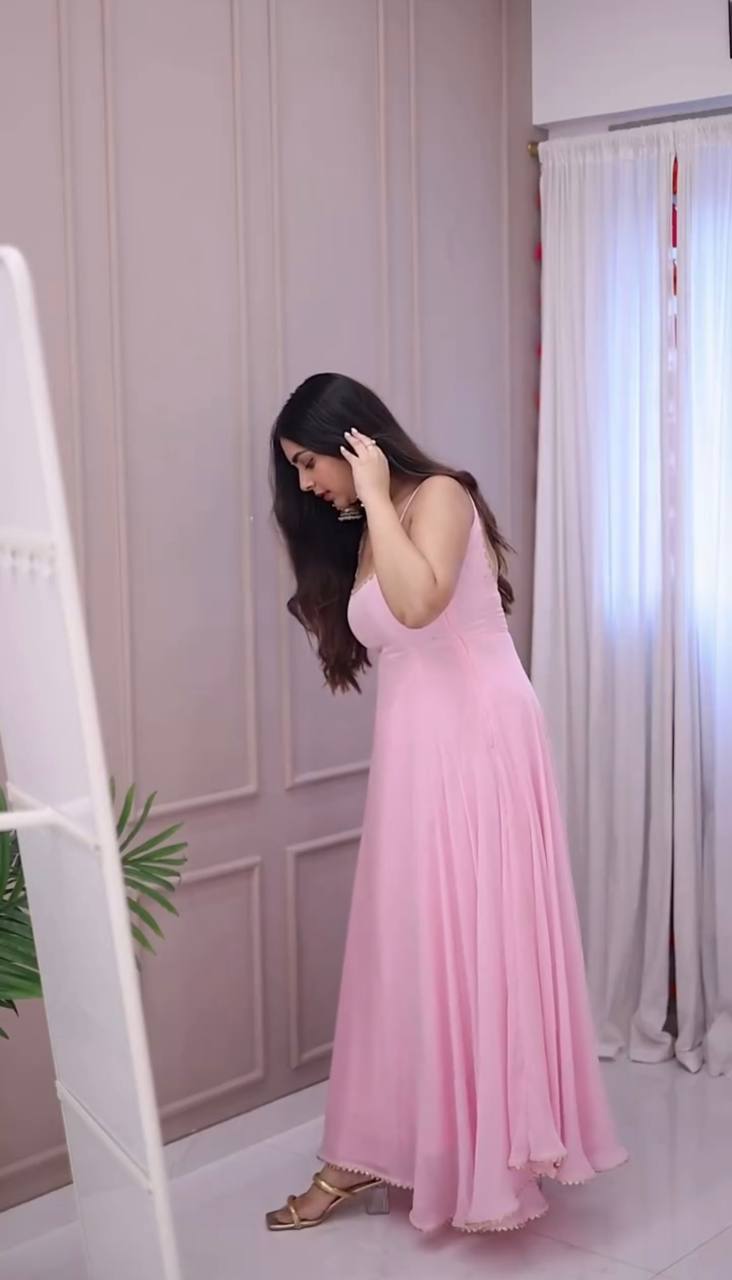 Pink Designer Faux Georgette Embroidery Gown Palazzo and Dupatta