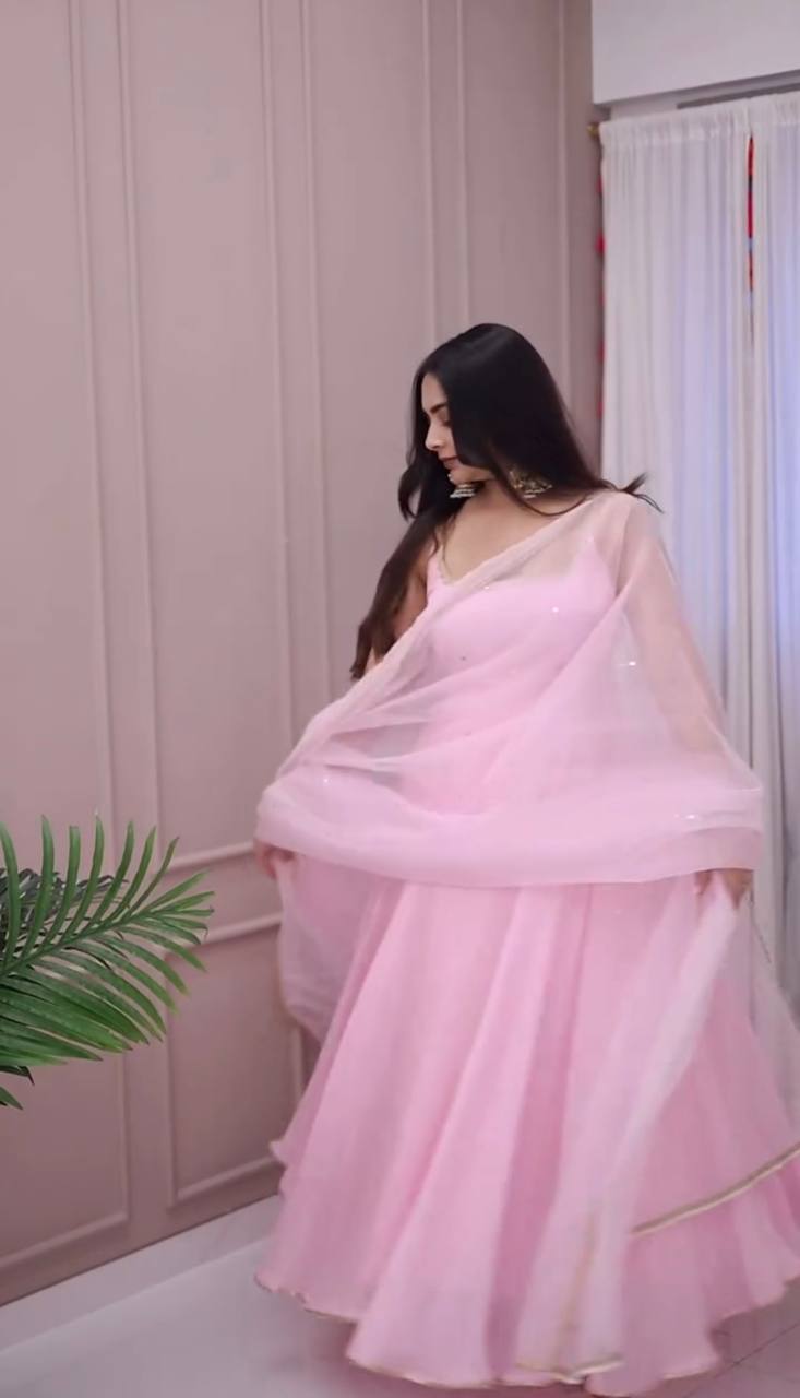 Pink Designer Faux Georgette Embroidery Gown Palazzo and Dupatta