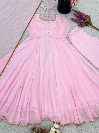 Pink Designer Faux Georgette Embroidery Gown Palazzo and Dupatta
