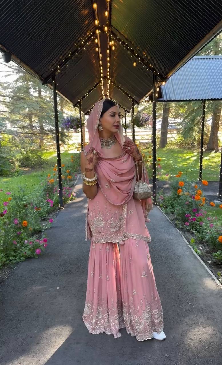 Pink Designer Georgette Sharara Plazzo Top and Dupatta For Party Wear