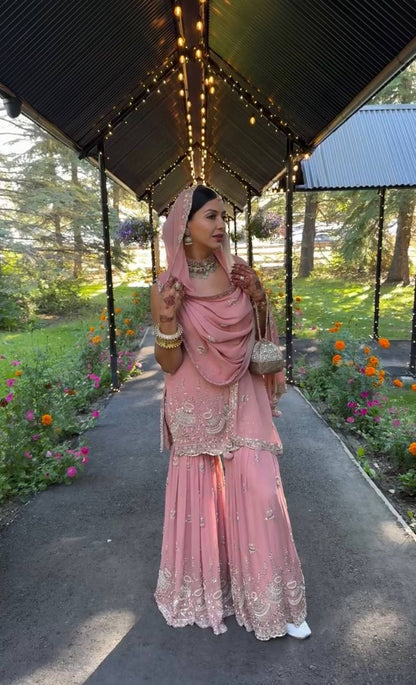Pink Designer Georgette Sharara Plazzo Top and Dupatta For Party Wear