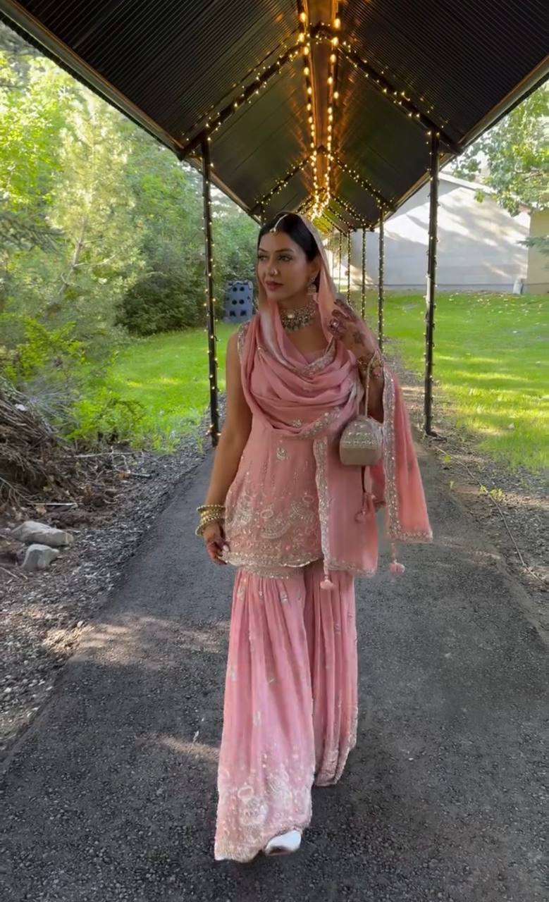 Pink Designer Georgette Sharara Plazzo Top and Dupatta For Party Wear
