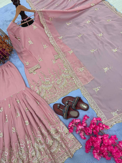 Pink Designer Georgette Sharara Plazzo Top and Dupatta For Party Wear