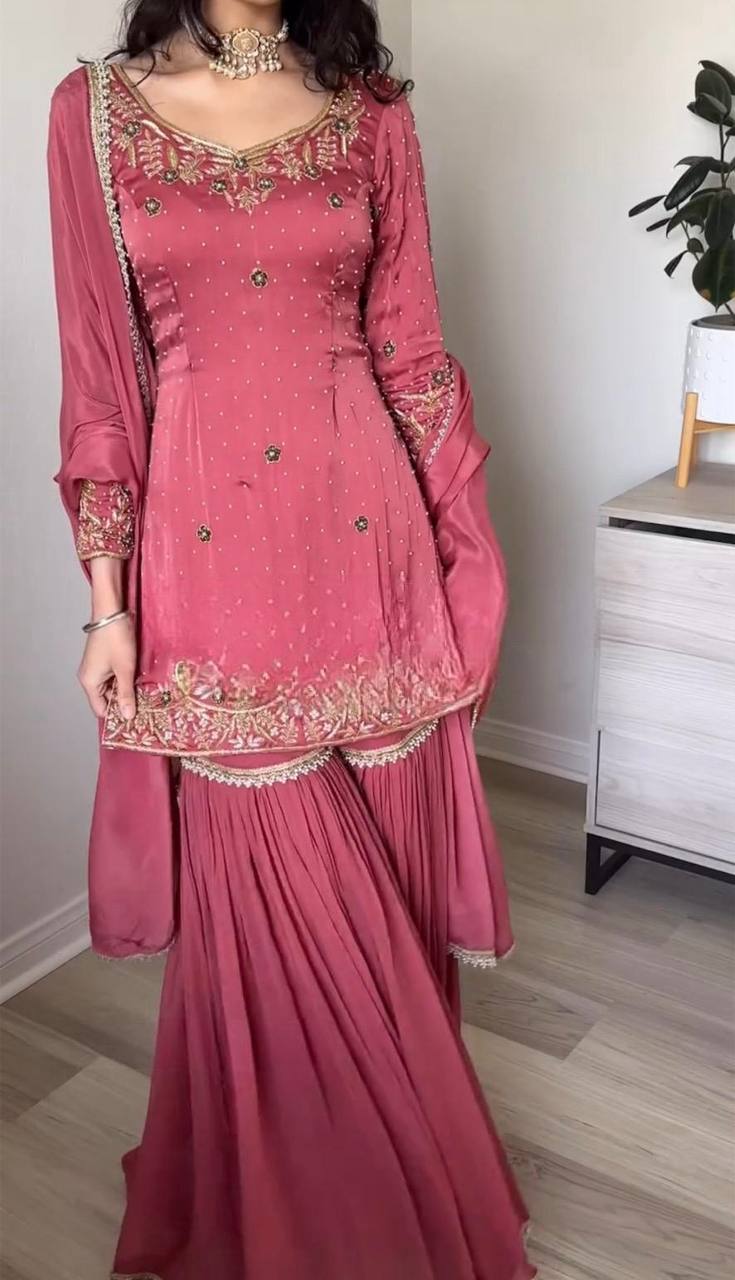 Pink Designer Gold Crush Embroidery Palazzo Top and Dupatta