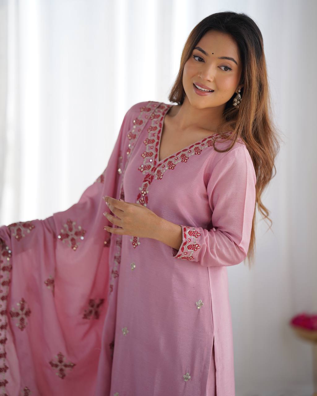 Pink Designer Heavy Chinnon Silk Top and Dupatta For Party Wear