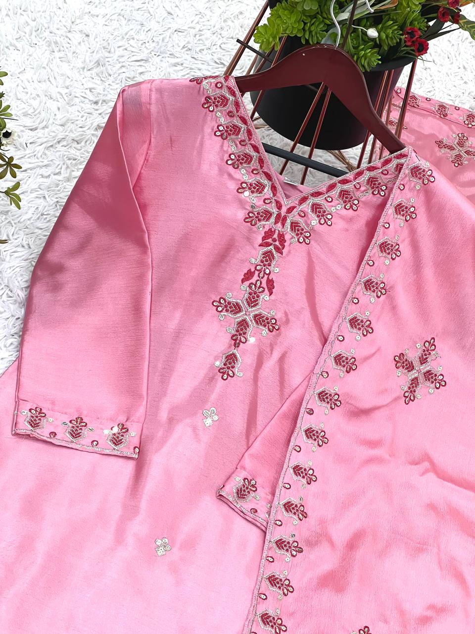 Pink Designer Heavy Chinnon Silk Top and Dupatta For Party Wear