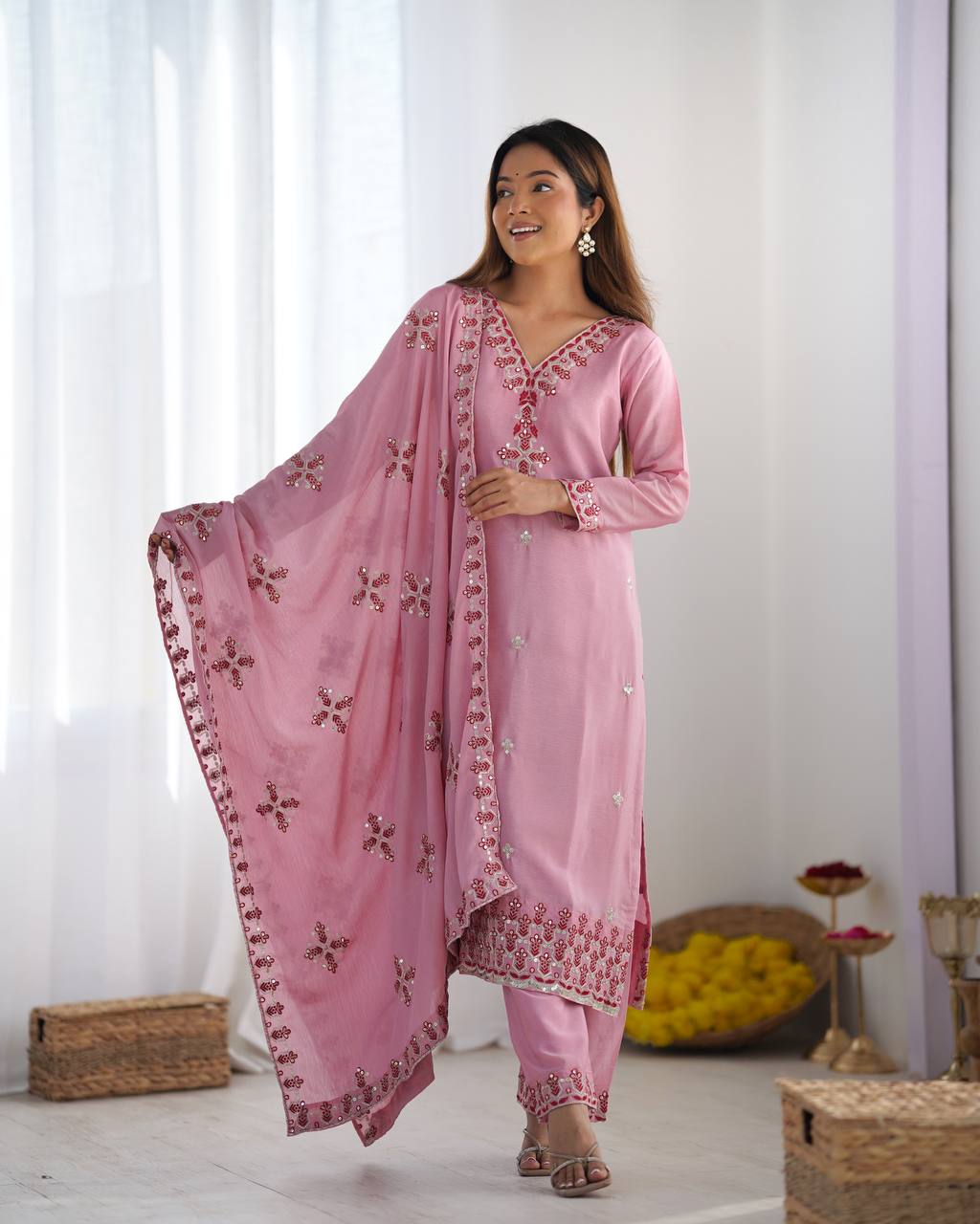 Pink Designer Heavy Chinnon Silk Top and Dupatta For Party Wear