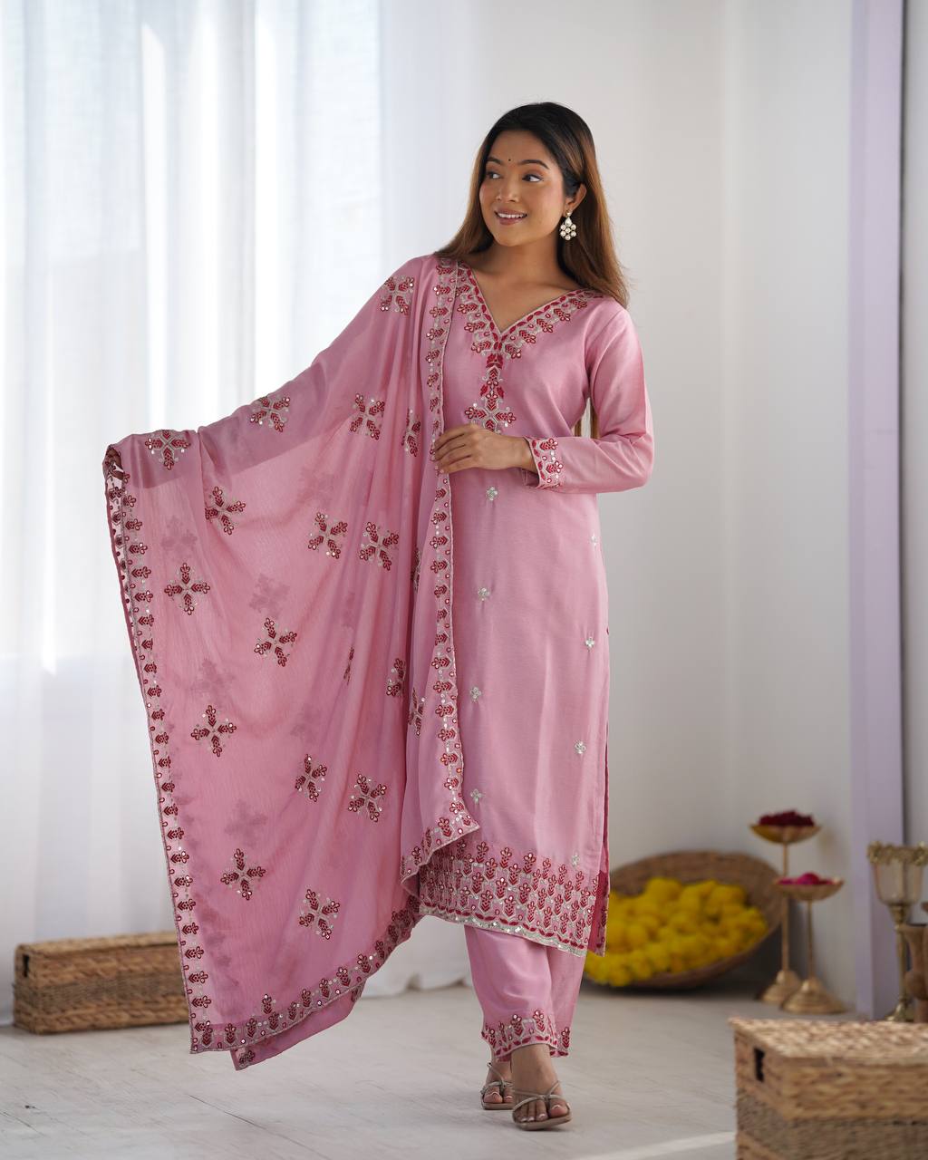 Pink Designer Heavy Chinnon Silk Top and Dupatta For Party Wear