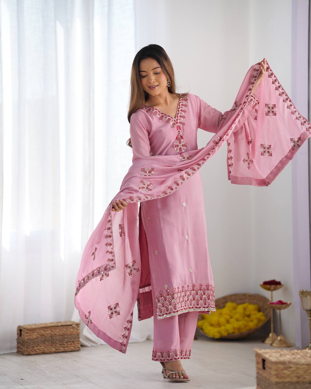 Pink Designer Heavy Chinnon Silk Top and Dupatta For Party Wear