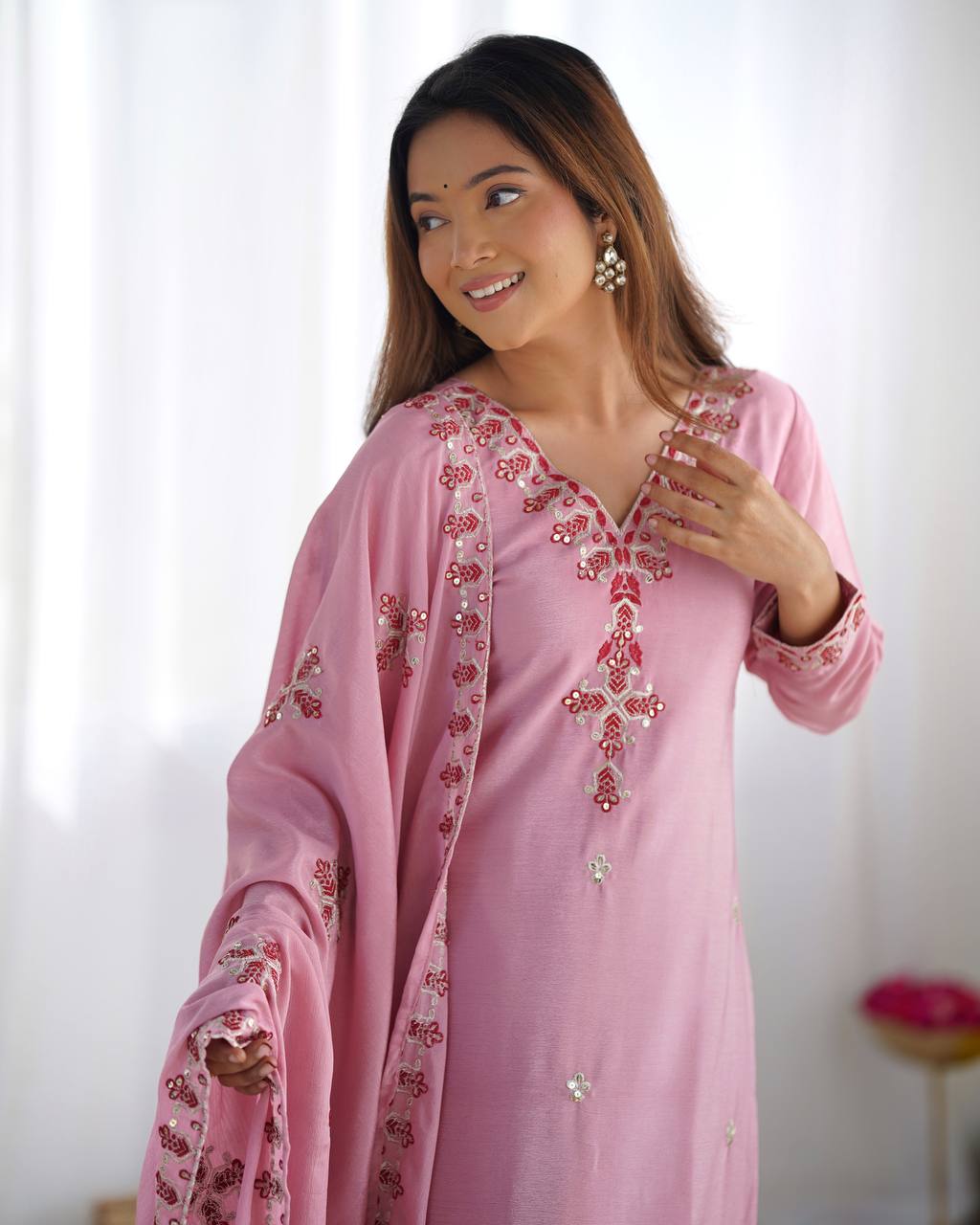 Pink Designer Heavy Chinnon Silk Top and Dupatta For Party Wear