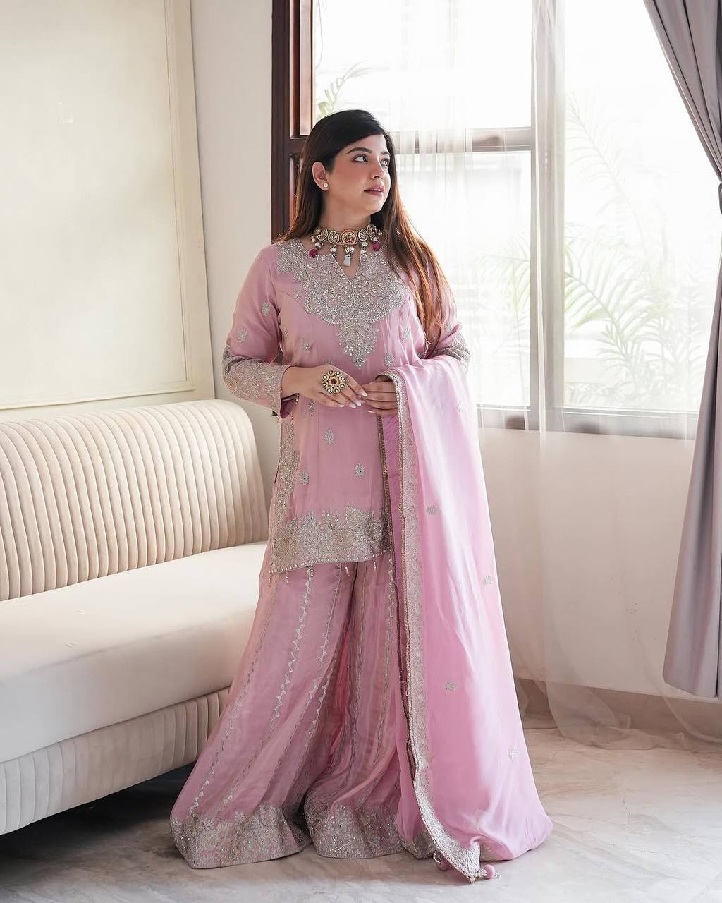 Pink Designer Heavy Chinon Silk Top Gharara and Dupatta For Party Wear