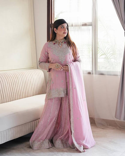 Pink Designer Heavy Chinon Silk Top Gharara and Dupatta For Party Wear