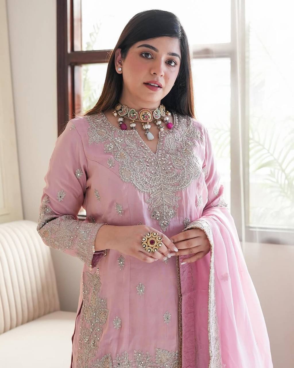Pink Designer Heavy Chinon Silk Top Gharara and Dupatta For Party Wear