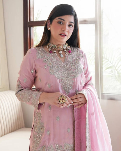 Pink Designer Heavy Chinon Silk Top Gharara and Dupatta For Party Wear